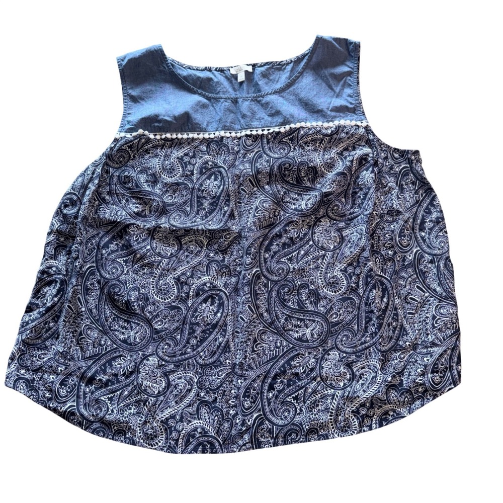 Talbots Paisley Sleeveless Top 2X Navy Blue Chambray Yoke Pom Pom Trim
